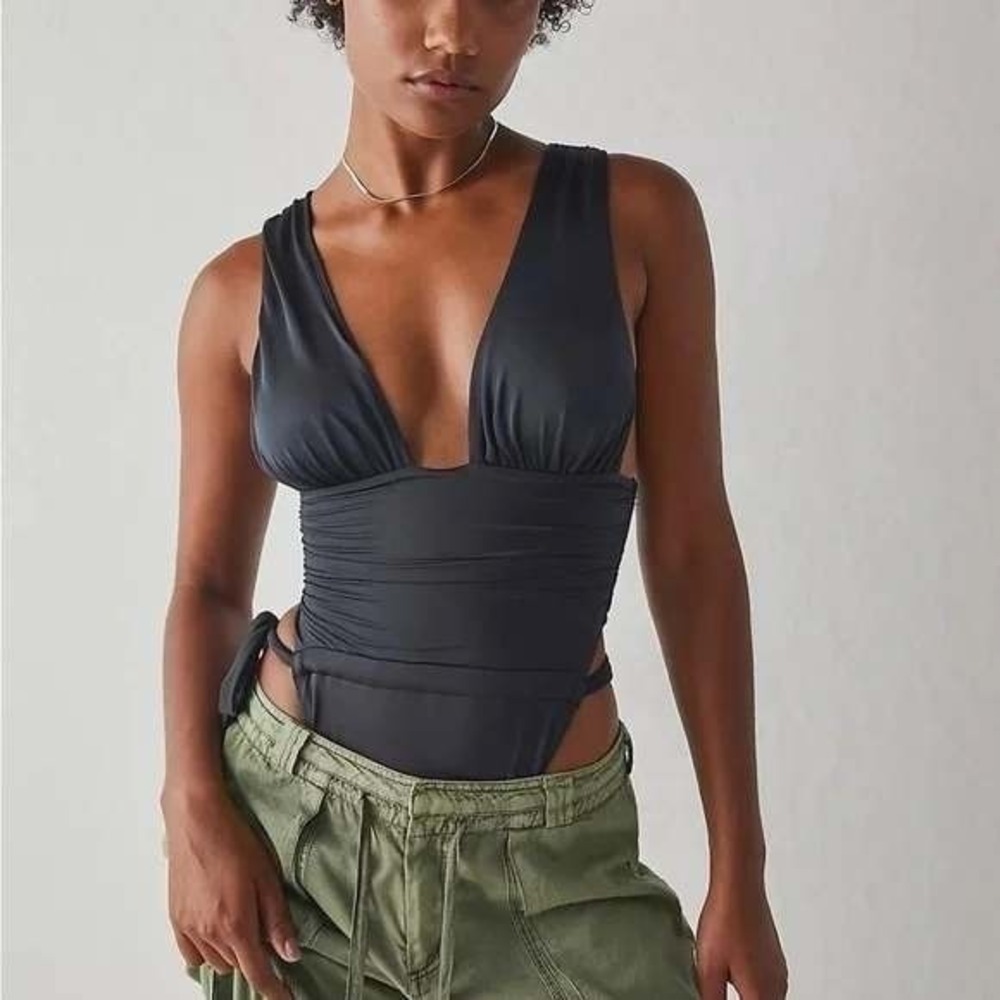FP x We Are HAH Black Luxe Satin Plunge High-Cut Bodysuit Swimsuit NWT Small